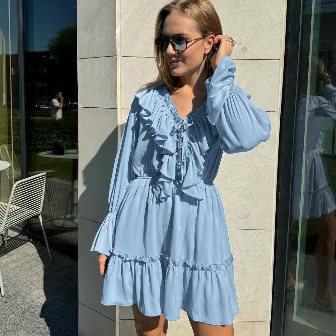 Fashion V Neck Pleated Ruffle Long Sleeve Summer Dress Y2K V Neck Flared Sleeve Dress Women's Clothing