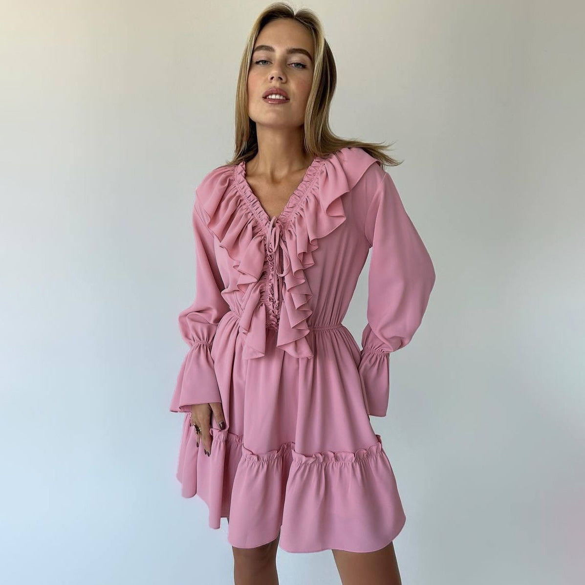 Fashion V Neck Pleated Ruffle Long Sleeve Summer Dress Y2K V Neck Flared Sleeve Dress Women's Clothing