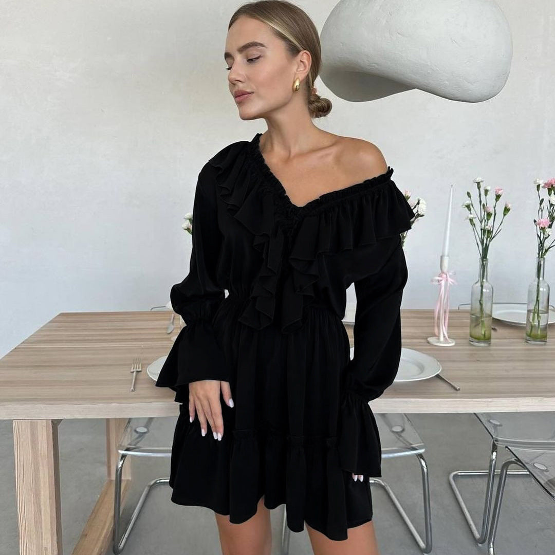 Fashion V Neck Pleated Ruffle Long Sleeve Summer Dress Y2K V Neck Flared Sleeve Dress Women's Clothing