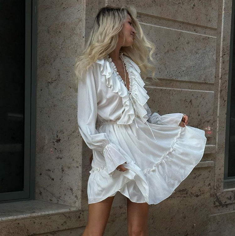 Fashion V Neck Pleated Ruffle Long Sleeve Summer Dress Y2K V Neck Flared Sleeve Dress Women's Clothing