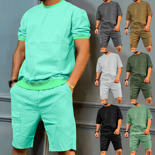 Men's Sports Suits Summer Round Neck Top And Multi-pocket sporting Casual Trendy 2pcs Set Clothing