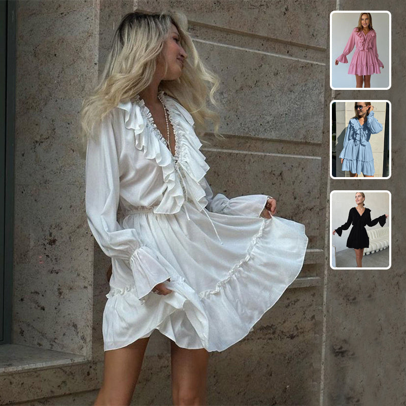 Fashion V Neck Pleated Ruffle Long Sleeve Summer Dress Y2K V Neck Flared Sleeve Dress Women's Clothing