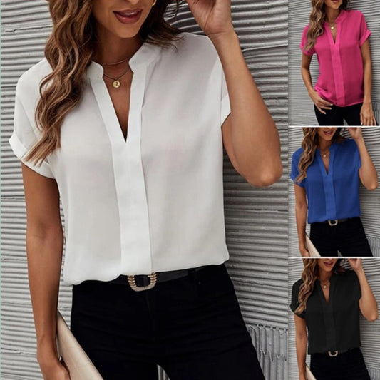 Women's V-neck Shirt Summer Casual Solid Color Shirt Fashion Womens Clothing