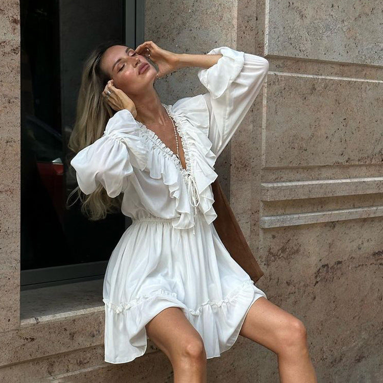 Fashion V Neck Pleated Ruffle Long Sleeve Summer Dress Y2K V Neck Flared Sleeve Dress Women's Clothing